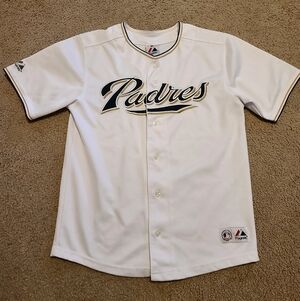 Youth 14/ 16, Majestic Padres White Jersey with Navy and Gold Trim